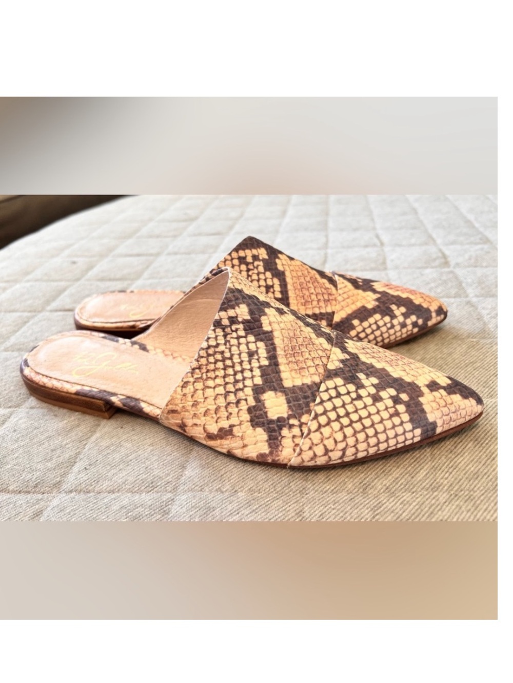 42 Gold Sz 7 Blush Leather Snake Print Pointed Toe Mules Orig $130